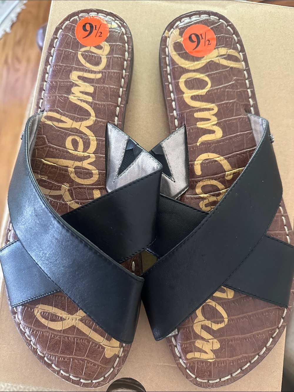 Sam Edelman Gillian Black Leather Crisscross Slide Sandals, Womens 9.5